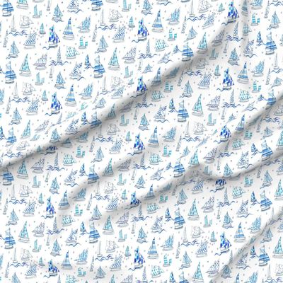 Spoonflower Fabric - Sailboat Chinoiserie Chinese Watercolor Nautical Boats Blue Beach Sea Printed on Denim Fabric by The Yard - Bottomweight Apparel Home Decor Upholstery