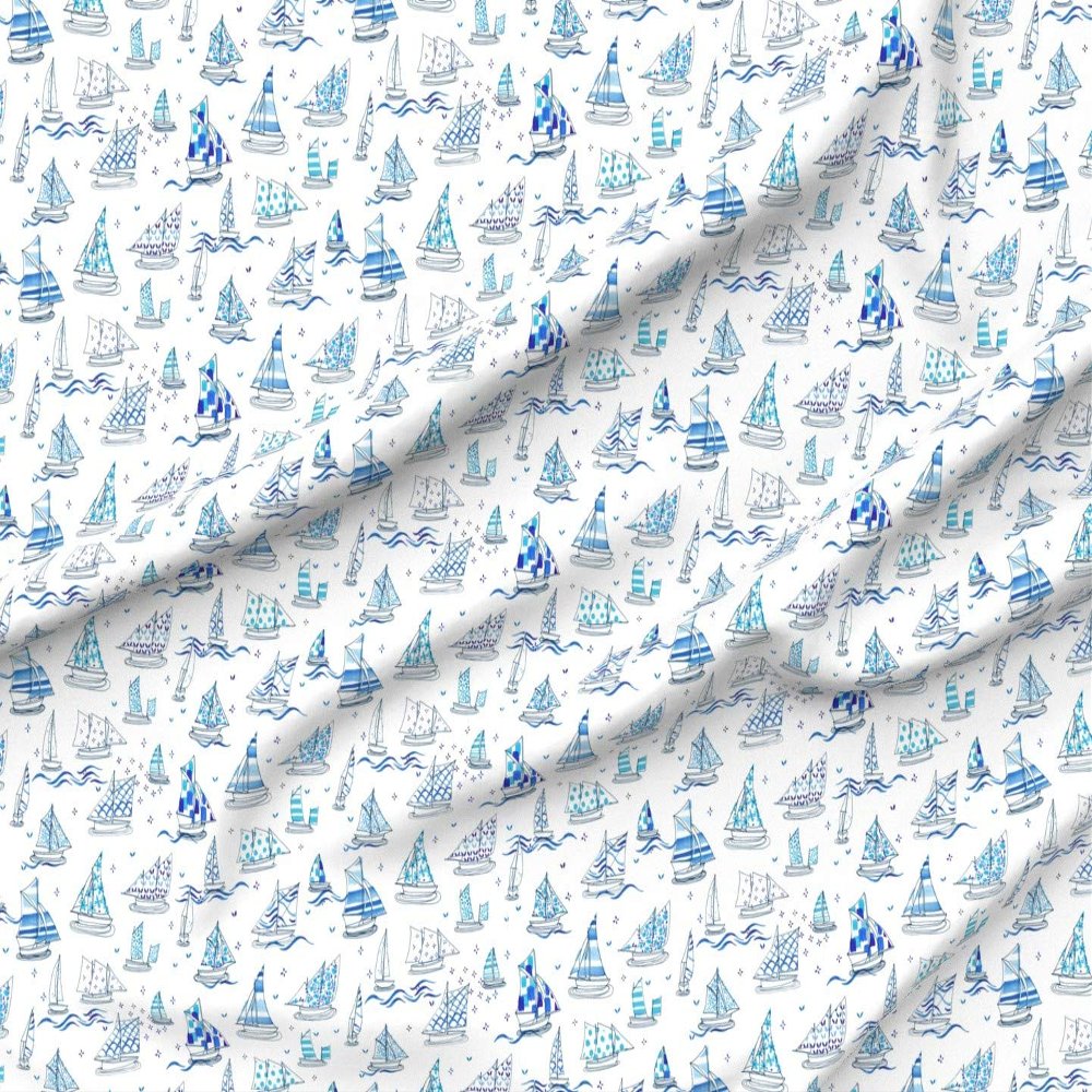 Spoonflower Fabric - Sailboat Chinoiserie Chinese Watercolor Nautical Boats Blue Beach Sea Printed on Denim Fabric by The Yard - Bottomweight Apparel Home Decor Upholstery