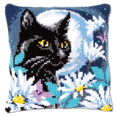 Vervaco Cross Stitch Embroidery Kits Pillow Front for Self-Embroidery with Embroidery Pattern on 100% Cotton and Embroidery Thread, 15,75 x 15,75 Inches - 40 x 40 cm, Night Cat