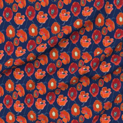 Spoonflower Fabric - Poppy Navy Red Floral Botanical Summer Blue Flower Print Flowers Printed on Denim Fabric by The Yard - Bottomweight Apparel Home Decor Upholstery