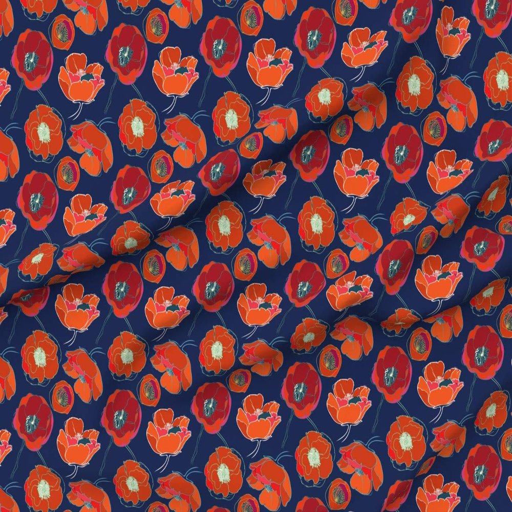 Spoonflower Fabric - Poppy Navy Red Floral Botanical Summer Blue Flower Print Flowers Printed on Denim Fabric by The Yard - Bottomweight Apparel Home Decor Upholstery