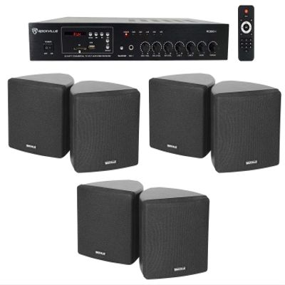 Rockville Commercial Audio Bundle: 3 Pair Cube 70v Black 3.5" Swivel Wall Mount Speakers, RCS80-1 60-Watt 70 Volt Amplifier with Bluetooth, 4-Items