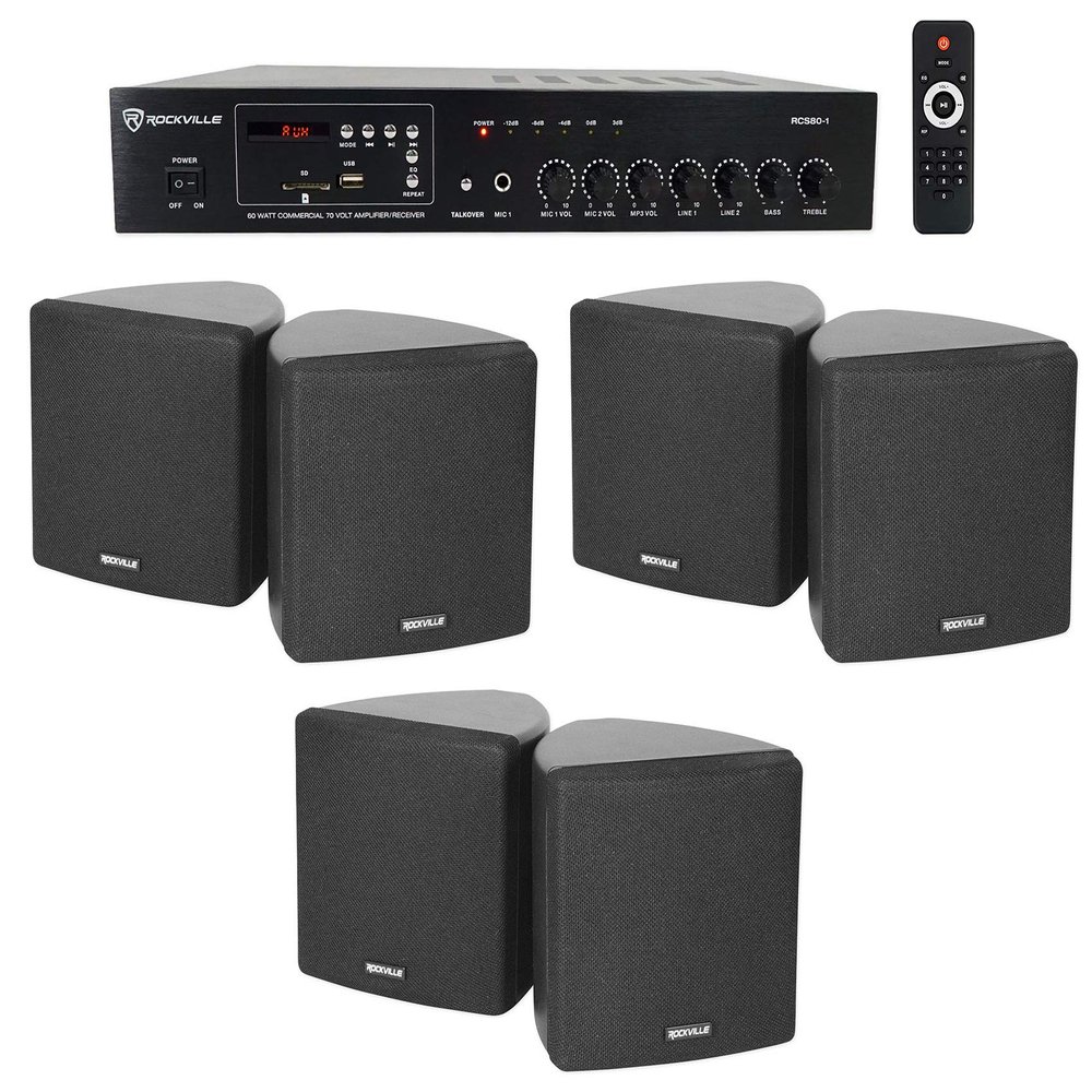 Rockville Commercial Audio Bundle: 3 Pair Cube 70v Black 3.5" Swivel Wall Mount Speakers, RCS80-1 60-Watt 70 Volt Amplifier with Bluetooth, 4-Items