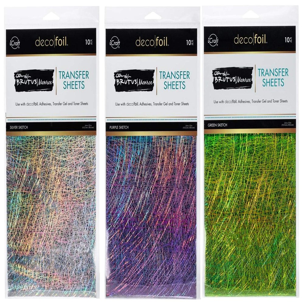Brutus Monroe Deco Foil Transfer Sheets, Silver Sketch, Purple Sketch, Green Sketch, Bundle of 3 10 Piece Packages