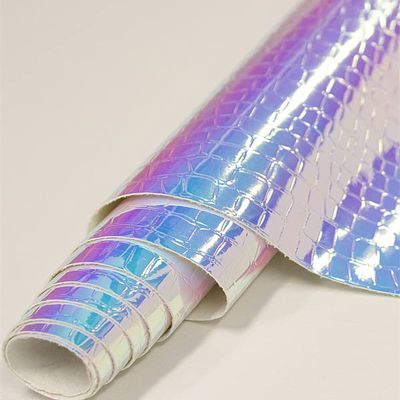Fabric Empire Vinyl Upholstery Embossed Crocodile Hologram Glossy Holographic Fabric Material Light Blue 54" Wide Sold by The Yard