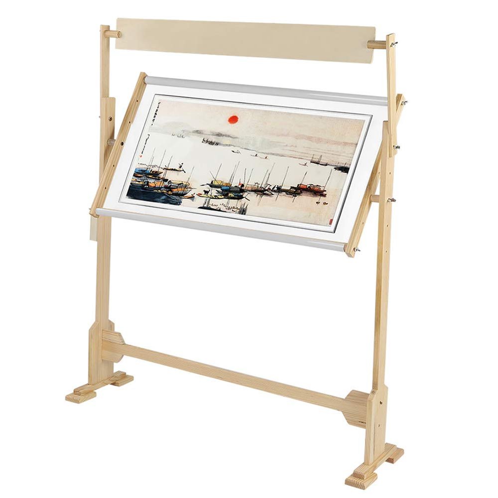 Adjustable Embroidery Stand, Wooden Frame Cross Stitch Floor Stand 360 Rotated Needlework Stand Holder Lap Table Craft Sewing Tool with Scroll Frame