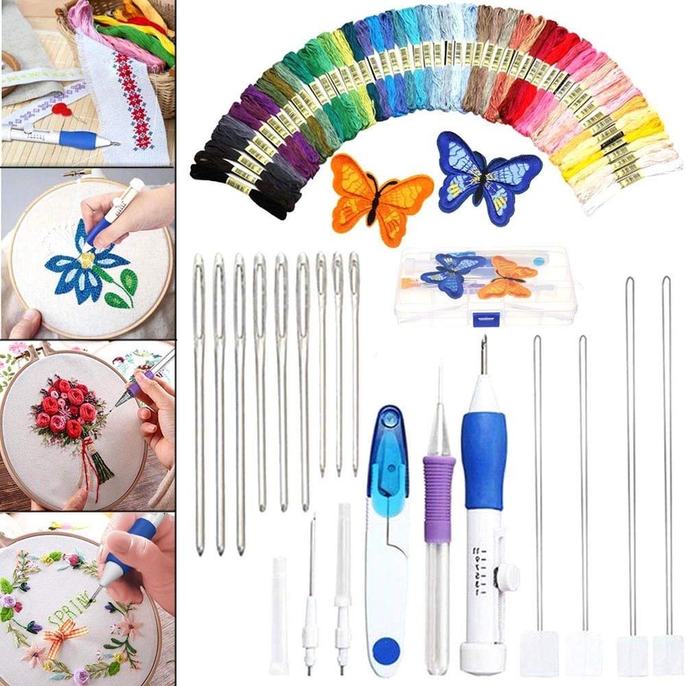 INSO 50 Colors Threads&Embroidery Tools, Embroidery Pen Punch Needles Magic Embroidery Pen Set, Punch Needle Kit Knitting Sewing Tool