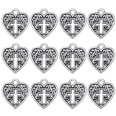120 Pcs Antique Silver Alloy Metal Heart Cross Charms Bulk for Bracelets Jewelry Making