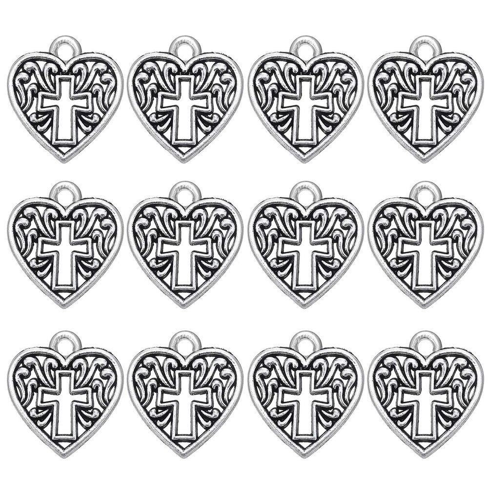 120 Pcs Antique Silver Alloy Metal Heart Cross Charms Bulk for Bracelets Jewelry Making