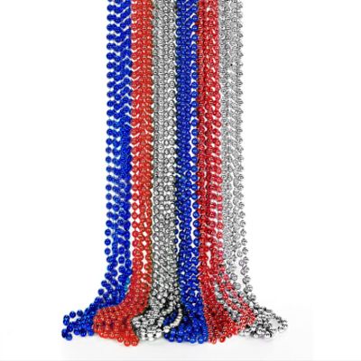 THE MARDI GRAS KREWE - Patriotic Bead Necklaces 33" Red Silver Blue 7mm Beads Set Party Favors for 4th of July, Memorial Day, Veterans Day - 72 Pieces