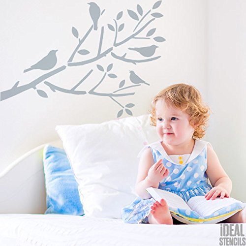 Birds on Tree Branch Nursery Stencil, Home Nursery Wall Decor & Art Craft Stencil, Reusable Mylar Stencil for Painting Walls, Floors, Fabrics and Furniture (XL/ 21.2X30" / 54X76CM)