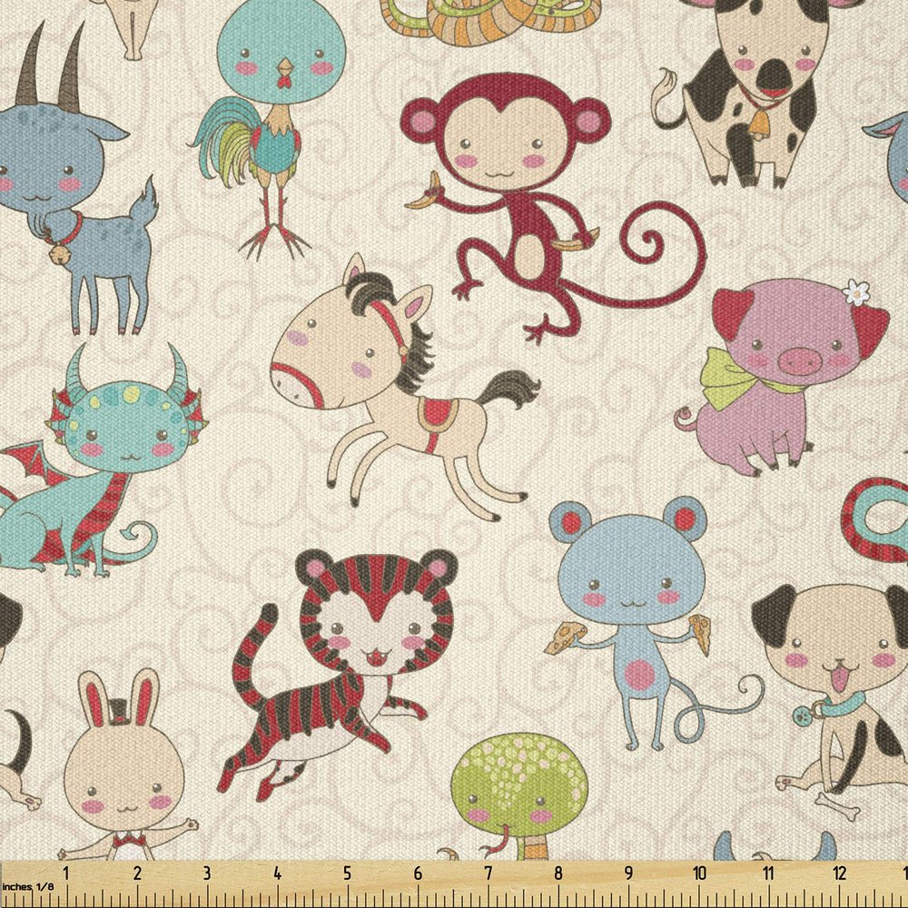 Ambesonne Chinese Fabric by The Yard, Funny Doodle Animals of Chinese Zodiac New Year Such as Goat Monkey Dog, Stretch Knit Fabric for Clothing Sewing and Arts Crafts, 5 Yards, Multicolor