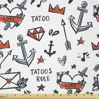Lunarable Tattoo Fabric by The Yard, Various Tattoo Designs Heart with Crown Anchor Arrow Star Illustration, Stretch Knit Fabric for Clothing Sewing and Arts Crafts, 5 Yards, Vermilion Blue and Black