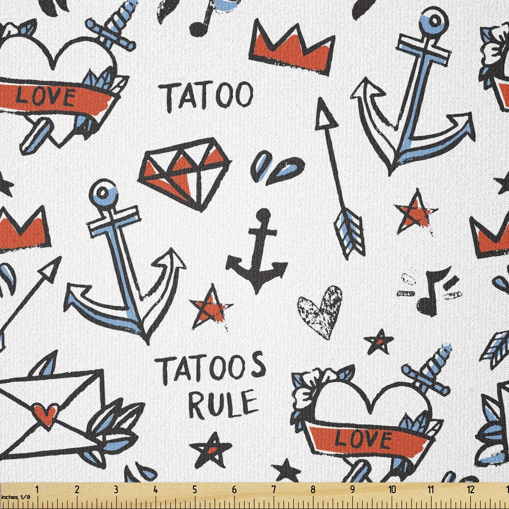 Lunarable Tattoo Fabric by The Yard, Various Tattoo Designs Heart with Crown Anchor Arrow Star Illustration, Stretch Knit Fabric for Clothing Sewing and Arts Crafts, 5 Yards, Vermilion Blue and Black