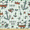 Lunarable Tattoo Fabric by The Yard, Various Tattoo Designs Heart with Crown Anchor Arrow Star Illustration, Stretch Knit Fabric for Clothing Sewing and Arts Crafts, 5 Yards, Vermilion Blue and Black view 2
