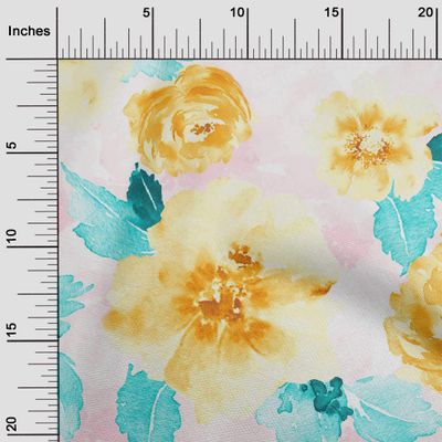 oneOone Viscose Jersey Fabric Watercolor Leaves & Peony Floral Fabric Prints By Yard 60 Inch Wide