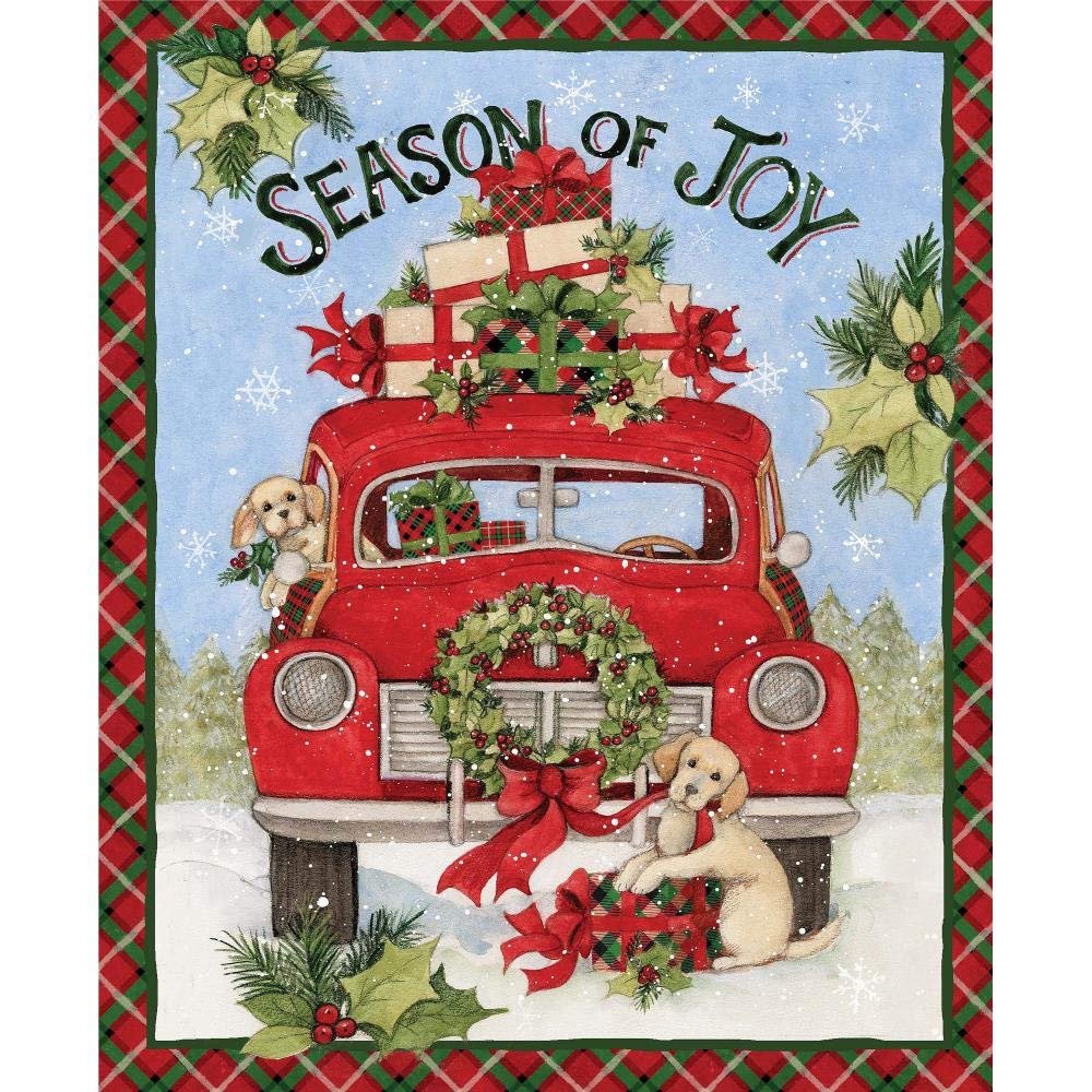 Christmas Fabric Red Truck Panel Season of Joy from Susan Winget Cotton Fabric by The Panel