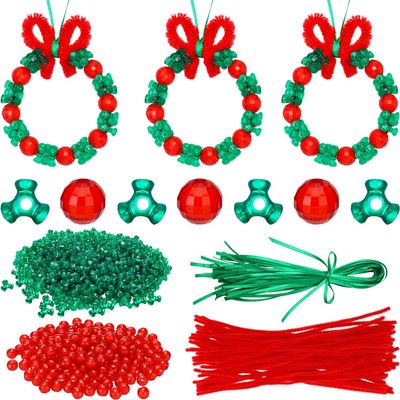 WILLBOND Christmas Beaded Ornament Kit Includes 800 Pieces 10 mm Christmas Tri Beads 200 Pieces Xmas Round Glass Beads 50 Chenille Stems 50 Green Ribbons for DIY Craft Holiday Xmas Tree Hanging Decor