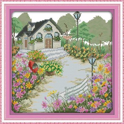 Happy Forever Cross Stitch Kits 11CT Stamped Patterns for Kids and Adults, Preprinted Embroidery kit for Beginner, Scenery View and Landscape 3 (F885 Flowers shed 3, Size 13''x14'')