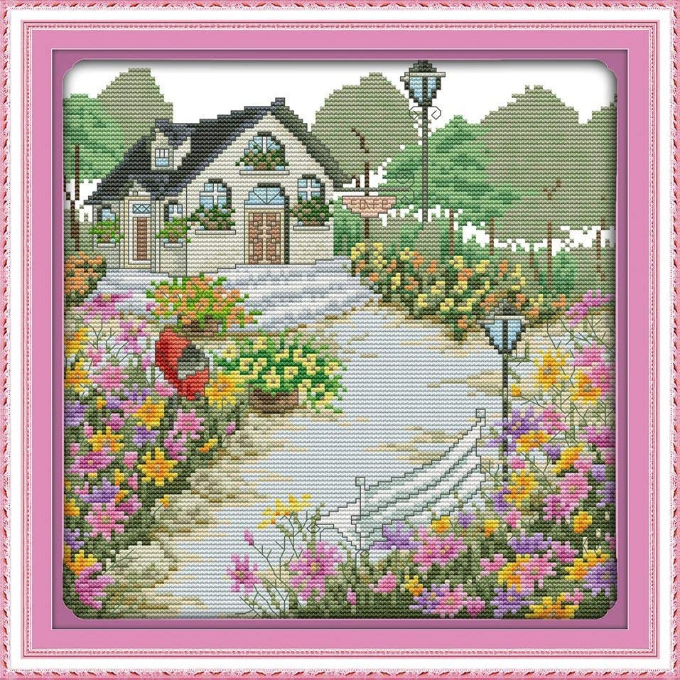 Happy Forever Cross Stitch Kits 11CT Stamped Patterns for Kids and Adults, Preprinted Embroidery kit for Beginner, Scenery View and Landscape 3 (F885 Flowers shed 3, Size 13''x14'')