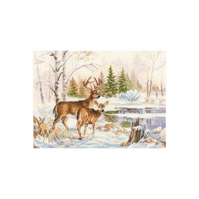 Deer in Winter Forest Cross-Stitch kit on Aida 16 Count Canvas. Winter Forest and Lake. Cross Stitch kit by Alisa 3-28