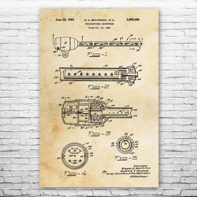 Unidirectional Microphone Poster Print, Audio Engineer Gift, Microphone Art, Podcast Host Gift, Recording Studio Art Vintage Paper (12 inch x 16 inch)
