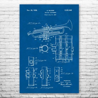 Trumpet Poster Print, Trumpet Design, Jazz Art, Music Class Decor, Music Teacher Gift, Trumpet Decor, Marching Band Gift Blueprint (18 inch x 24 inch)