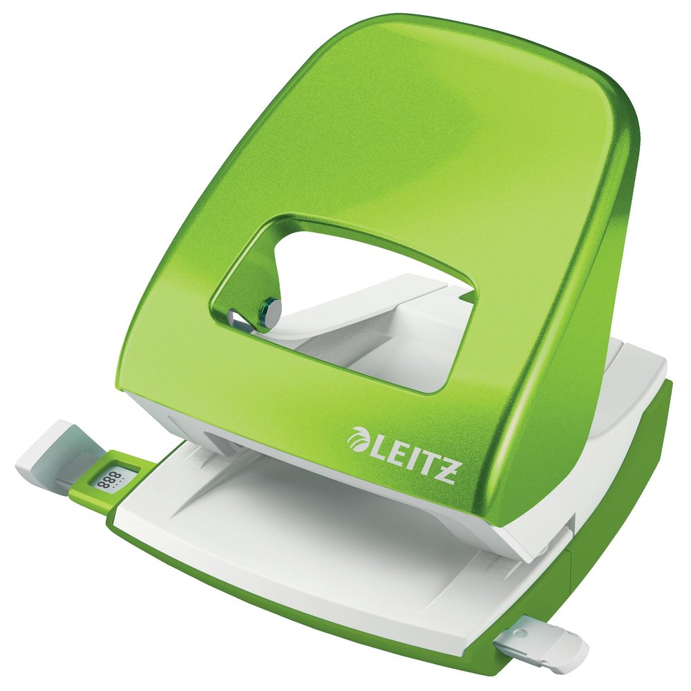 Leitz 50081054 Hole Punch, 30 Sheets, Guide Bar with Format Markings, Metal, Wow Range, Green