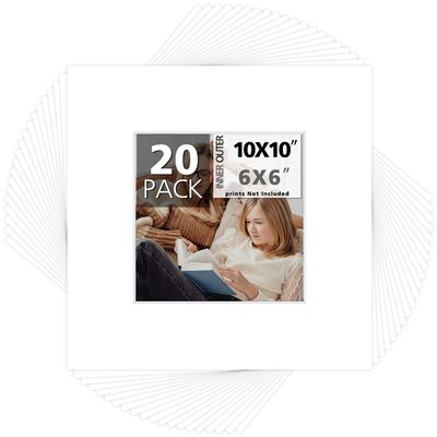 Mat Board Center, Pack of 20, 10x10 for 6x6 White Photo Picture Mats - Acid Free, 4-ply Thickness, White Core - for Pictures, Photos, Framing