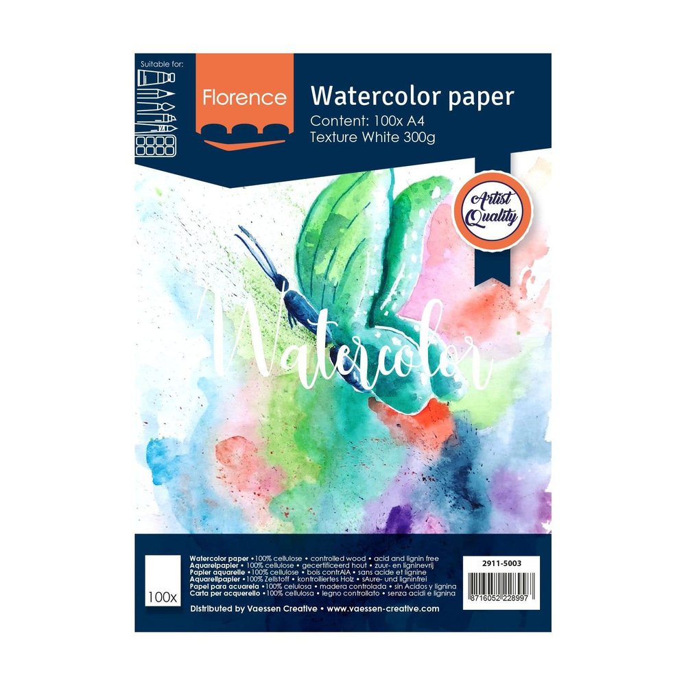 Vaessen Creative Florence Watercolour Paper A4, White, 300 GSM, Artist Grade Quality, Textured Surface, 100 Sheets for Painting, Handlettering, Art Projects and More