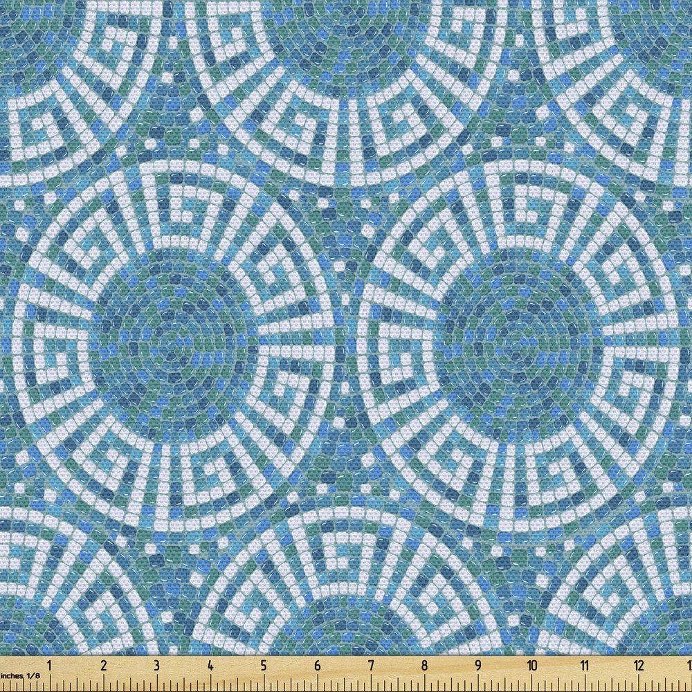 Ambesonne Aqua Fabric by The Yard, Greek Meander Mosaic Pattern Classical Geometrical Ornament Architecture, Decorative Fabric for Upholstery and Home Accents, 5 Yards, Blue Green White