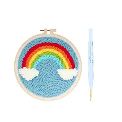 Exceart DIY Punch Embroidery Tools 20cm Round Embroidery Base Cloth Scissor Wools Thread Accessories 1Set(Small Rainbow)