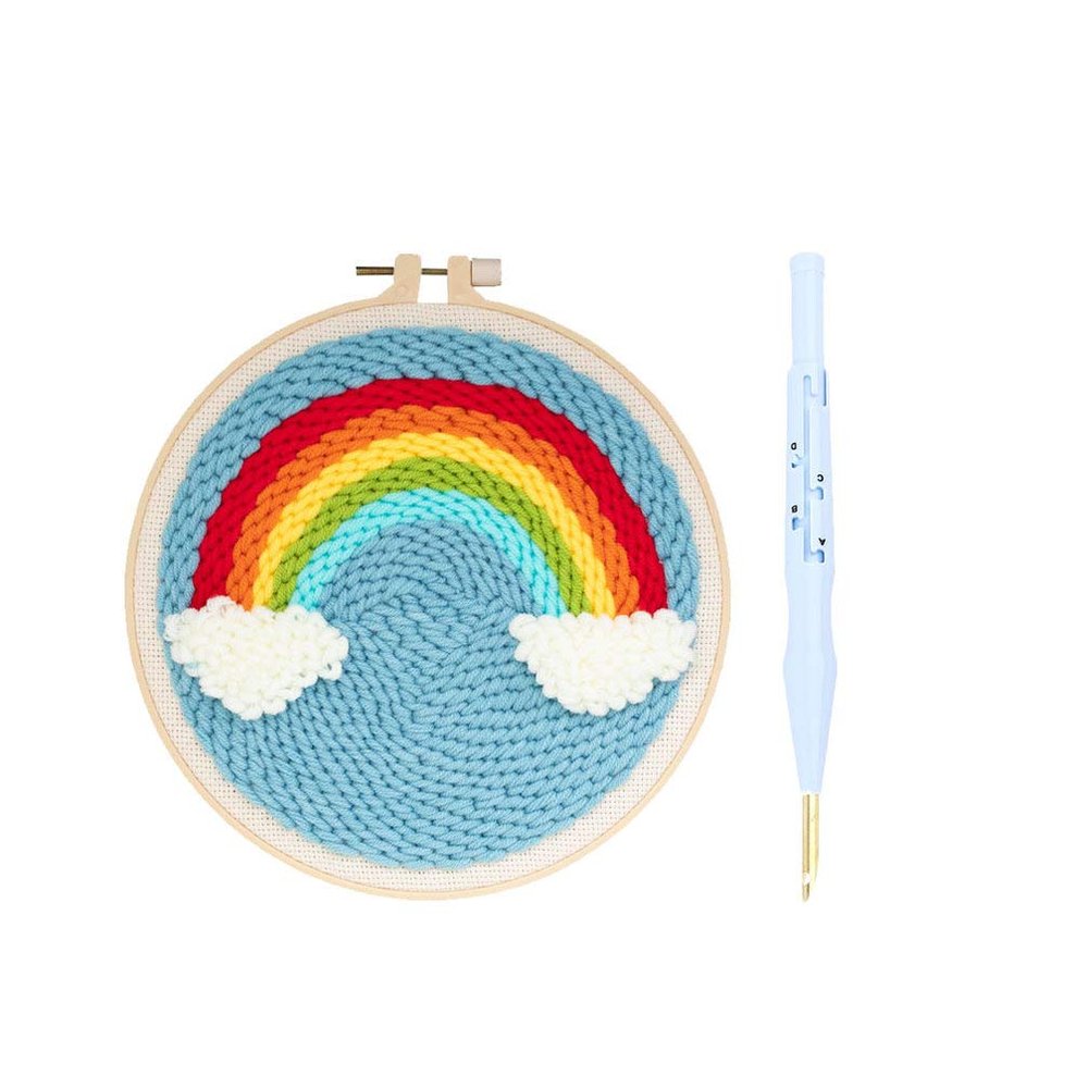 Exceart DIY Punch Embroidery Tools 20cm Round Embroidery Base Cloth Scissor Wools Thread Accessories 1Set(Small Rainbow)