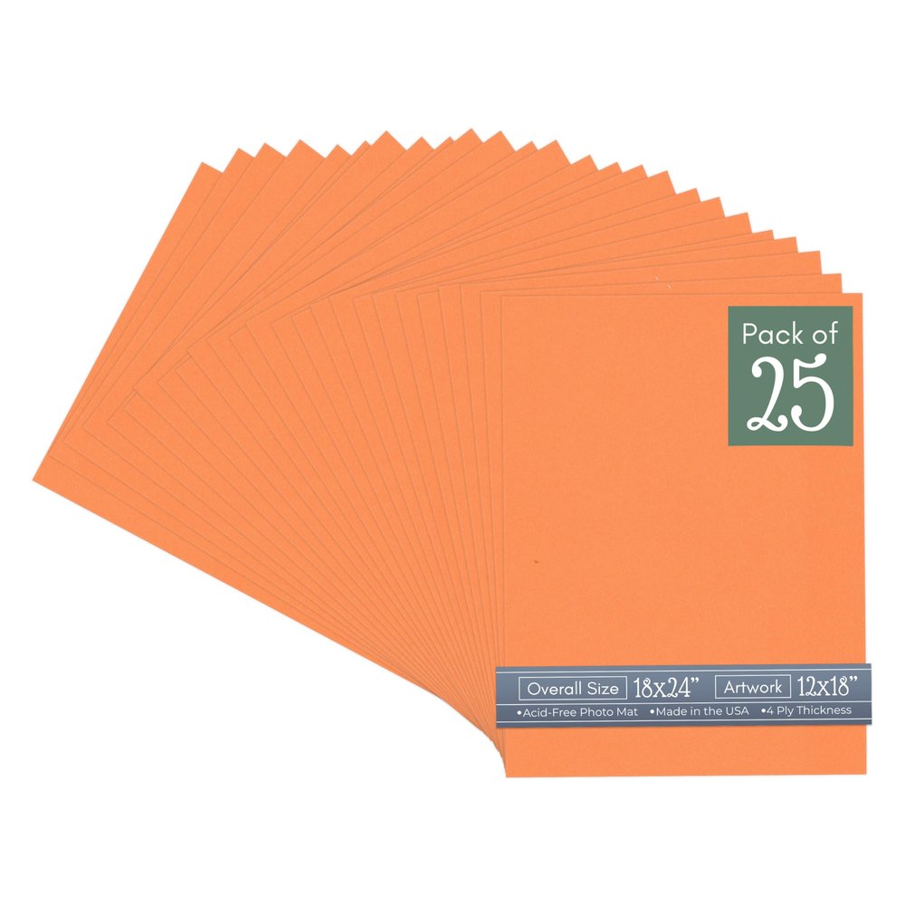 CountryArtHouse Orange Acid Free 18x24 Picture Frame Mats with White Core Bevel Cut for 12x18 Pictures - Fits 18x24 Frame - Pack of 25 Mats
