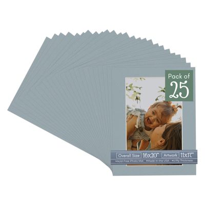 CountryArtHouse Metallic Silver Acid Free 16x20 Picture Frame Mats with White Core Bevel Cut for 11x17 Pictures - Fits 16x20 Frame - Pack of 25 Mats
