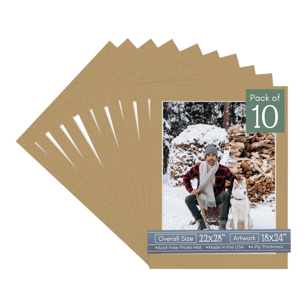 CountryArtHouse Rattan Acid Free 22x28 Picture Frame Mats with White Core Bevel Cut for 18x24 Pictures - Fits 22x28 Frame - Pack of 10 Mats