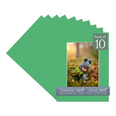 CountryArtHouse Bright Green Acid Free 12x16 Picture Frame Mats with White Core Bevel Cut for 8x12 Pictures - Fits 12x16 Frame - Pack of 10 Mats