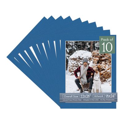 CountryArtHouse Royal Blue Acid Free 22x28 Picture Frame Mats with White Core Bevel Cut for 18x24 Pictures - Fits 22x28 Frame - Pack of 10 Mats