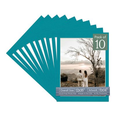 CountryArtHouse Teal Acid Free 12x16 Picture Frame Mats with White Core Bevel Cut for 11x14 Pictures - Fits 12x16 Frame - Pack of 10 Mats