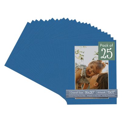 CountryArtHouse Royal Blue Acid Free 16x20 Picture Frame Mats with White Core Bevel Cut for 11x17 Pictures - Fits 16x20 Frame - Pack of 25 Mats