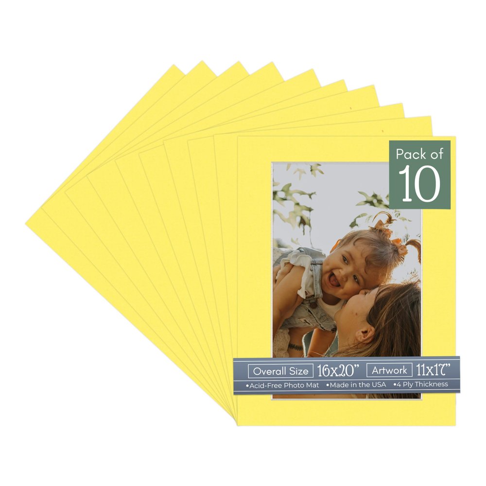 CountryArtHouse Vibrant Yellow Acid Free 16x20 Picture Frame Mats with White Core Bevel Cut for 11x17 Pictures - Fits 16x20 Frame - Pack of 10 Mats
