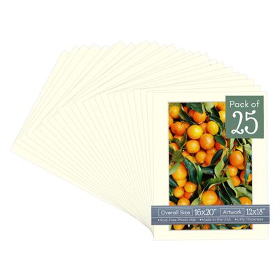 CountryArtHouse Textured Cream Acid Free 16x20 Picture Frame Mats with White Core Bevel Cut for 12x18 Pictures - Fits 16x20 Frame - Pack of 25 Mats