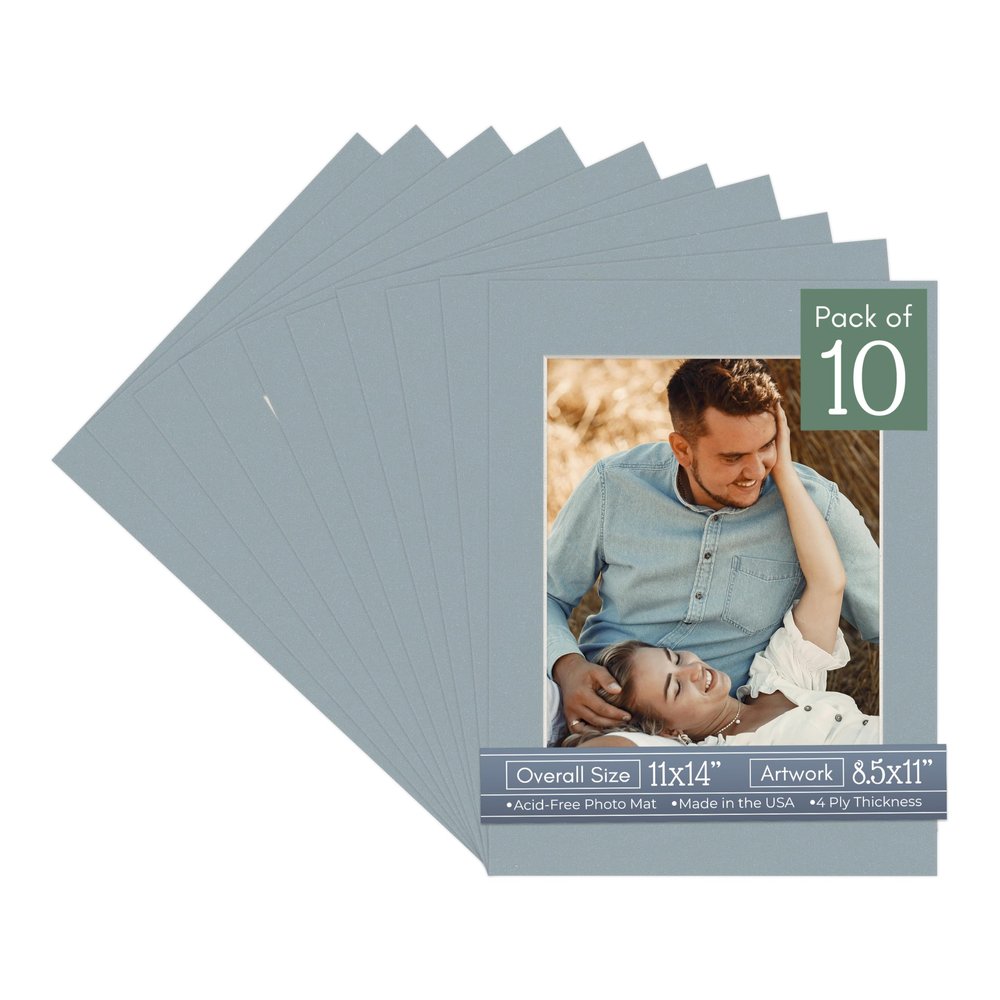 CountryArtHouse Metallic Silver Acid Free 11x14 Picture Frame Mats with White Core Bevel Cut for 8.5x11 Pictures - Fits 11x14 Frame - Pack of 10 Mats