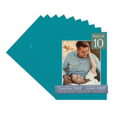 CountryArtHouse Teal Acid Free 11x14 Picture Frame Mats with White Core Bevel Cut for 8.5x11 Pictures - Fits 11x14 Frame - Pack of 10 Mats