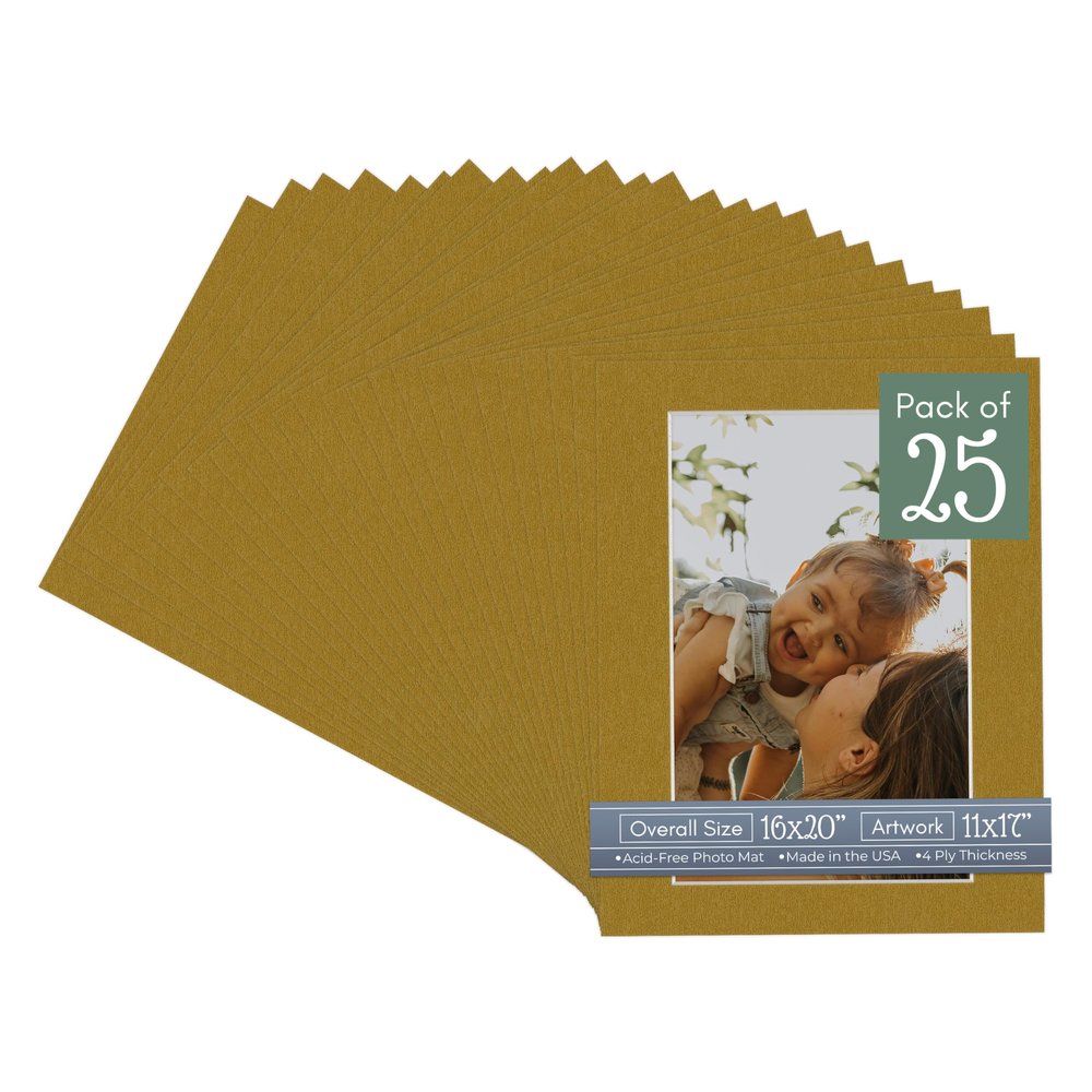 CountryArtHouse Metallic Gold Acid Free 16x20 Picture Frame Mats with White Core Bevel Cut for 11x17 Pictures - Fits 16x20 Frame - Pack of 25 Mats