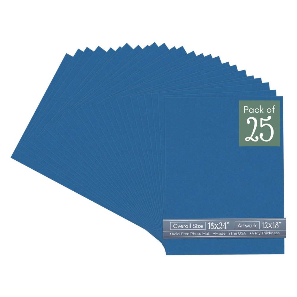 CountryArtHouse Royal Blue Acid Free 18x24 Picture Frame Mats with White Core Bevel Cut for 12x18 Pictures - Fits 18x24 Frame - Pack of 25 Mats