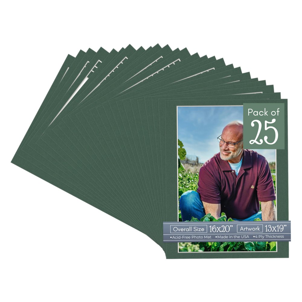 CountryArtHouse Hunter Green Acid Free 16x20 Picture Frame Mats with White Core Bevel Cut for 13x19 Pictures - Fits 16x20 Frame - Pack of 25 Mats