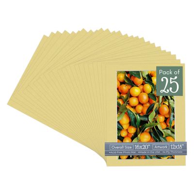 CountryArtHouse Soft Yellow Acid Free 16x20 Picture Frame Mats with White Core Bevel Cut for 12x18 Pictures - Fits 16x20 Frame - Pack of 25 Mats