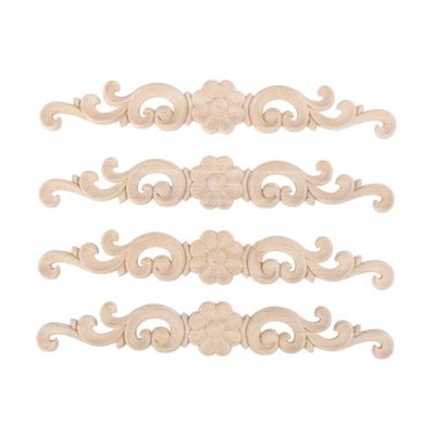 4pcs Wood Carved Onlay Applique Unpainted Rose Flower Applique for DIY Craft Door Home Furniture Decoration