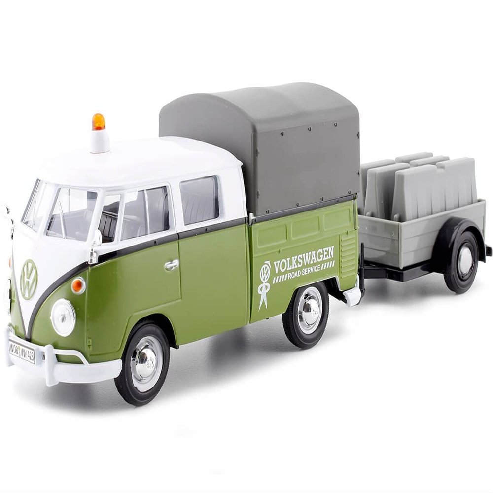 Motormax 79676 Volkswagen T1 Pickup with Canopy Green & White with Trailer Road Service 1-24 Scale Diecast Model Car